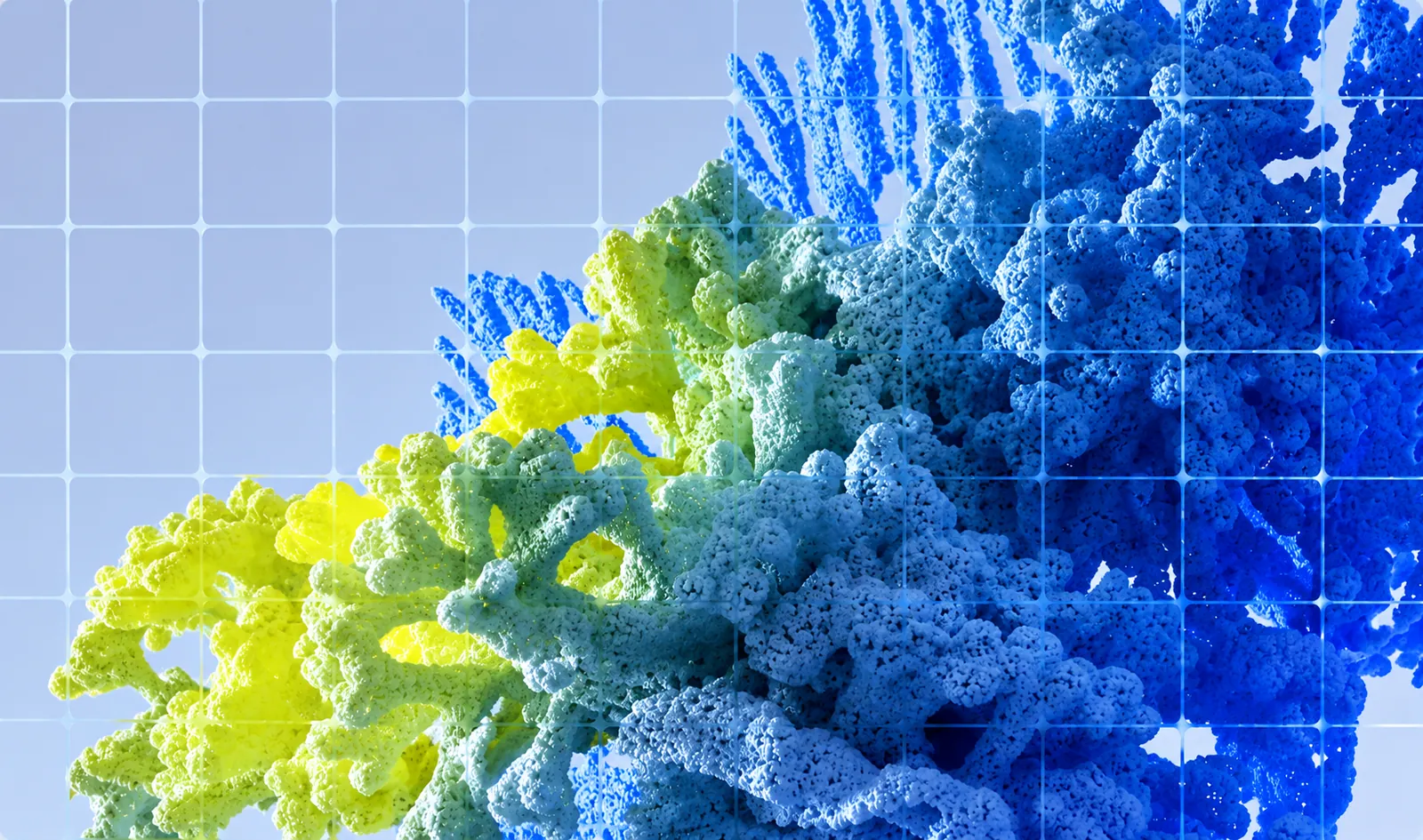 Coral-like marine structures in yellow and blue behind a glass grid