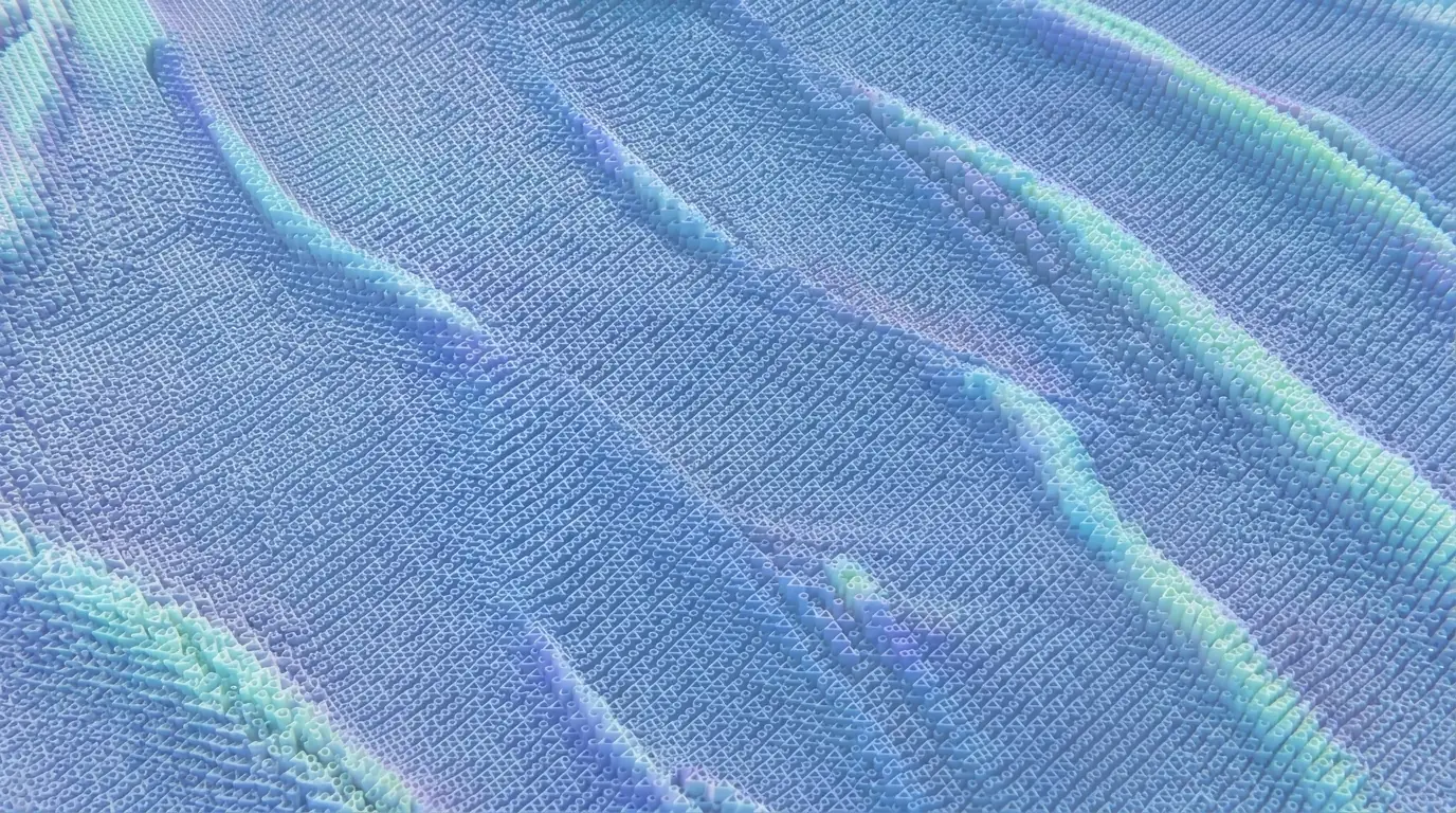 A soft blue surface patterned with tiny repeated glyphs